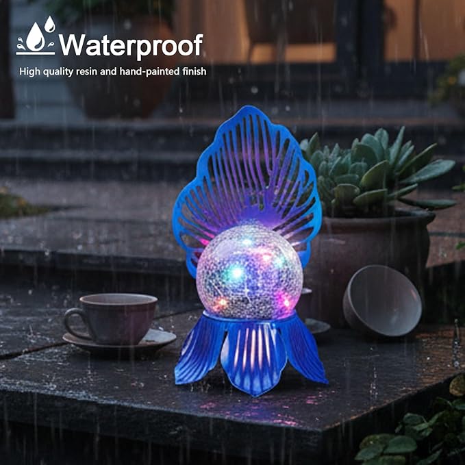Solar Lights Outdoor Flower Garden Decor with Crackle Glass Globe Lights Metal Flowers for Outside Yard Lawn Patio Porch Pathway Tabletop Housewarming Gifts for Mom Women