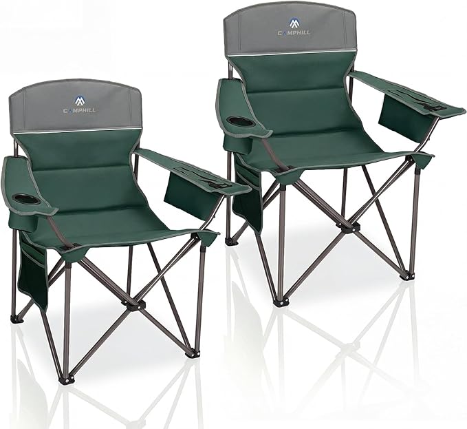 CAMPHILL Oversized Camping Chairs 2 Pack - Heavy Duty 400LBS Padded Lawn Chair with Cooler BagCup HolderSide PocketCollapsible for OutdoorCampFishing &amp GardenDark Green