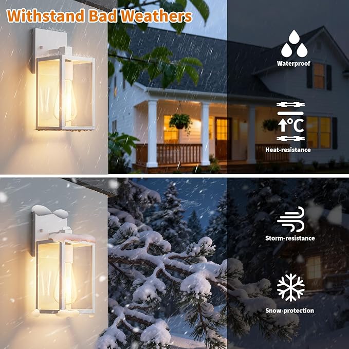 2 Pack White Exterior Lighting Fixtures Wall Mount Outside Front Porch Lights for House Outdoor Lantern Lamp Waterproof Wall Sconce Lights Coach Light for Garage Entryway