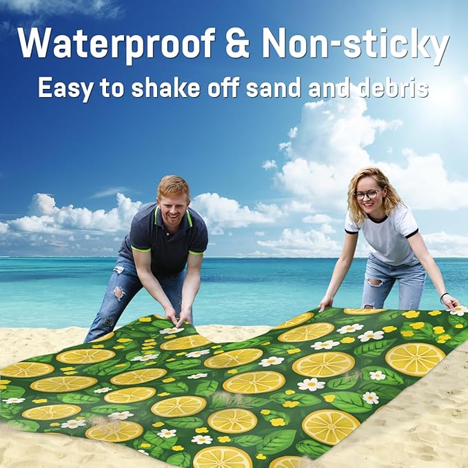 Waterproof Sandproof Beach Blanket 59''×68'' Lemon Joy Polyester Outdoor Picnic Blanket with 4 Stakes &amp Storage Bag for BeachCampingVacation Green