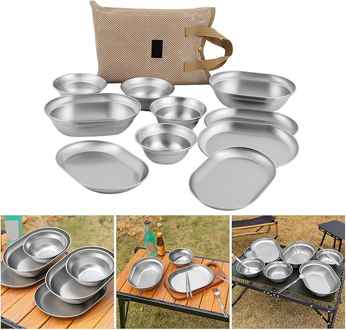 TablewareSet of 6/8/10 Outdoor Camping Dish Set Dinner Plate Stainlesss Steel Food Plates Practical Picnics Dishes