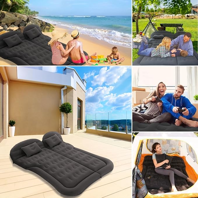 Car Air Mattress - Inflatable Bed SUV Mattress with Two Pillows for Cars Backseat Trunk Portable Flocked Camping Bed Sleeping Mat for Vehicle Travel Road Trip Indoor&ampOutdoor Activities Black