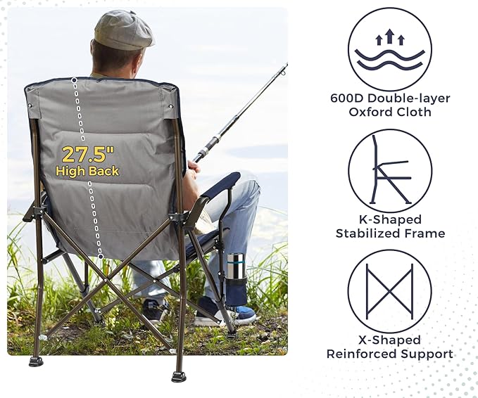 Large High Back Camping Chair for Adults - Oversized Comfortable for Tall People - Heavy Duty 450lbs Capacity K-Frame Padded Seat &amp Armrests for Sitting Fishing Lawn Outside Cup Holder (Blue)