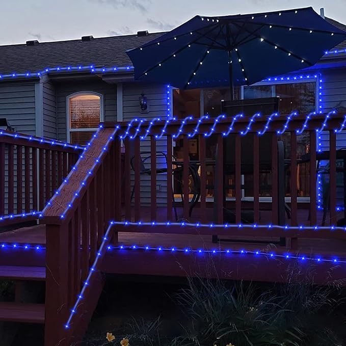 YEGUO Solar Christmas Light Outdoor Waterproof 66ft 200 LED Blue Rope Lights 8 Modes Tube String Lights in Clear Thin Tube