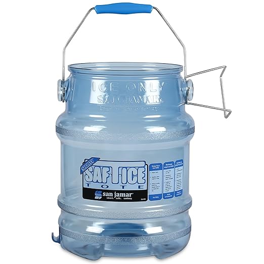 San Jamar Saf-T-Ice Ice Tote with Ice Machine Hanger for Kitchens Restaurants and Fast Food Plastic 5 Gallons Blue