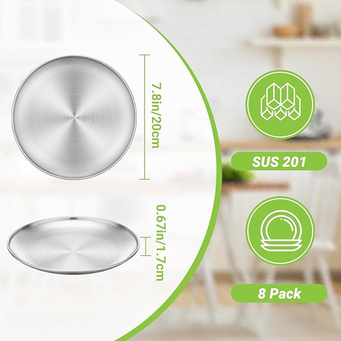 8 Stainless Steel Plates 7.8 inch Small 201 Metal Camping Plate Reusable Food Serving Dish Snack Eating Dishes Round Shatterproof Brushed Finish Silver Dish for Dinner Oven Dishwasher Safe