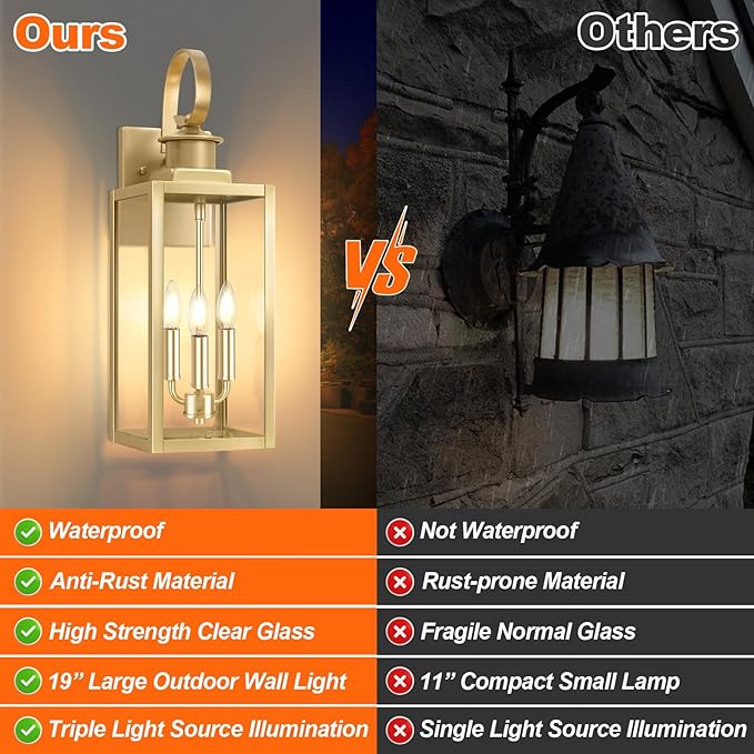 19'' Large Outdoor Wall Lantern Gold Waterproof Outside Wall Sconce Lights for House Anti-Rust Exterior Lighting Fxitures with Clear Glass Shade for Front Porch Garage Patio 1-Pack