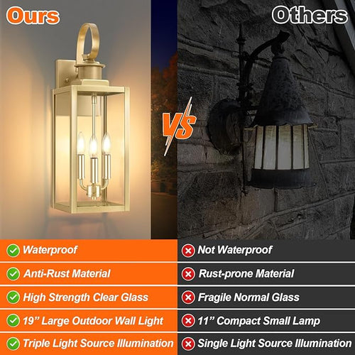 19'' Large Outdoor Wall Lantern Gold Waterproof Outside Wall Sconce Lights for House Anti-Rust Exterior Lighting Fxitures with Clear Glass Shade for Front Porch Garage Patio 1-Pack
