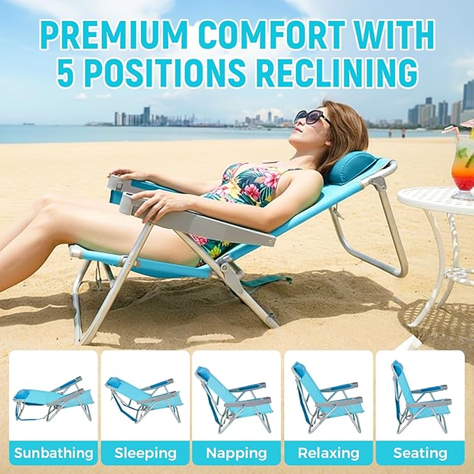 #WEJOY Extra Wide Beach Chairs for AdultsReclining 5 Adjustable Position Folding Beach Chairs with Cup Holder Lightweight Aluminum Backpack Beach Chair with Padded headrest500 LBS Heavy Duty