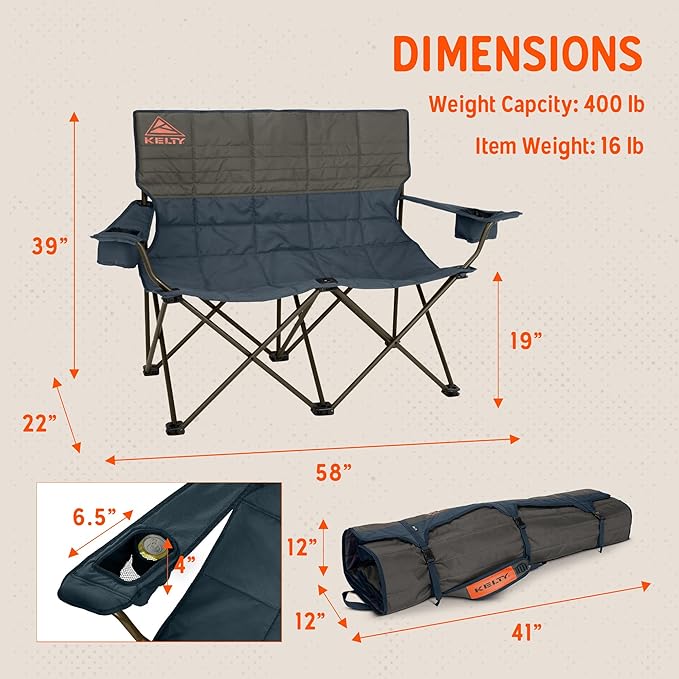 Kelty Loveseat Oversized 2-Person Heavy Duty Folding Camp Chair Double Seat for Soccer Games Tailgating Beach Days (Regular Height/Dark Shadow)