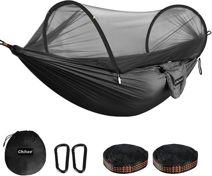 Chihee Ultra-Light Travel Camping Hammock Pop-up Net Hammock 660lbs Load CapacityBreathableQuick-Drying Parachute Nylon 2 Premium Carabiners2 Tree Slings Included for Outdoor Backpacking Hiking
