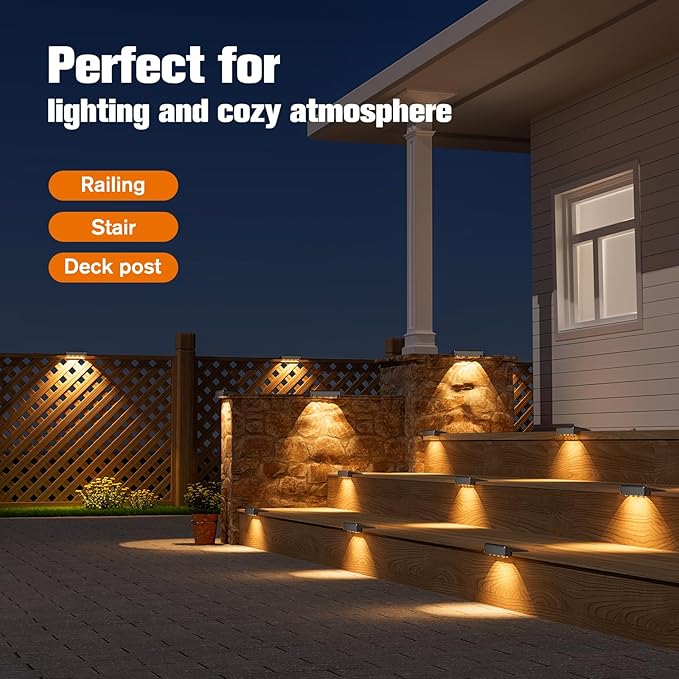 NIORSUN Solar Deck Lights Outdoor 16 Pack IP65 Waterproof Large Size LED Stair Lights with Lenses Auto ON Off Warm White Step Lights for Outside Deck Patio Fence Yard Pathway and Railing Decor