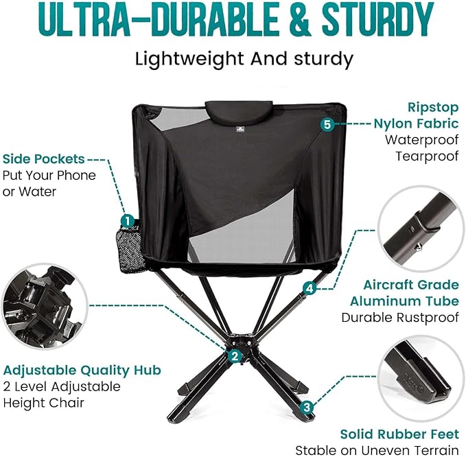 Portable High Back Camping Chair with Adjustable Height Small Compact Outdoor Folding Chair for Adults Travel Riselite Collapsible Lightweight Packable Camp Chairs Easy Carry and Quick Setup