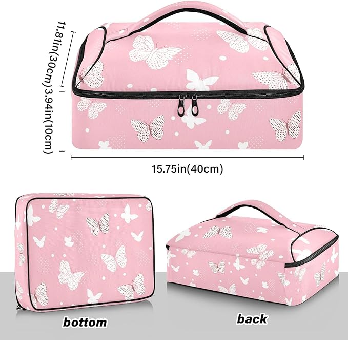 Casserole Carrier Beautiful Pink Pattern ButterfliesInsulated Casserole Carrier for Hot or Cold Food Thermal Lunch Tote for Potluck Parties Picnic Beach Fits 9 x 13 Inches Baking Dish