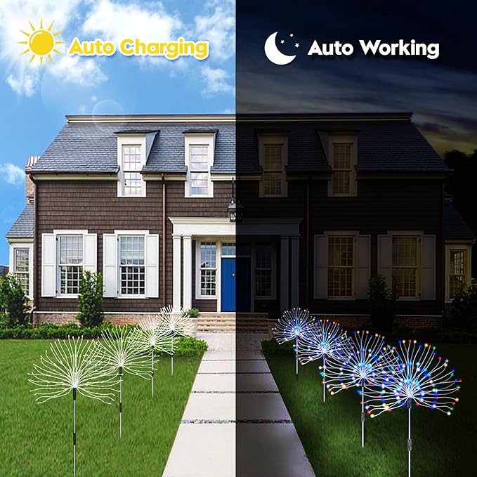 Outdoor Solar Garden Lights 4 Pack 120 LED Copper Wire Waterproof Garden Fireworks Lamp with Remote 8 Modes Decorative Sparkles Stake Landscape Light for Pathway Lawn Decor (Colorful)