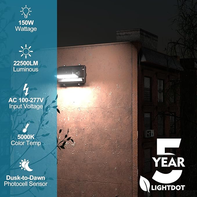 Lightdot 6Pack 150W LED Wall Pack Lights 360° Adjustable Panel with Dusk to Dawn Photocell 22500Lm 5000K IP65 Waterproof &amp Advanced Heat Dissipation Outdoor Security Lighting(Height:10~20ft)