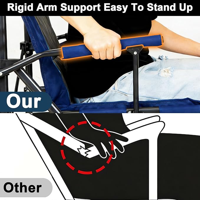 Romswi Oversized Camping Chairs 2 Pack 500 LBS Heavy Duty Folding Lawn Chairs with Hard Armrests Wide Seat Outdoor Chairs with Cup Holder &amp Side Pocket for Camping Beach Sports Backyard