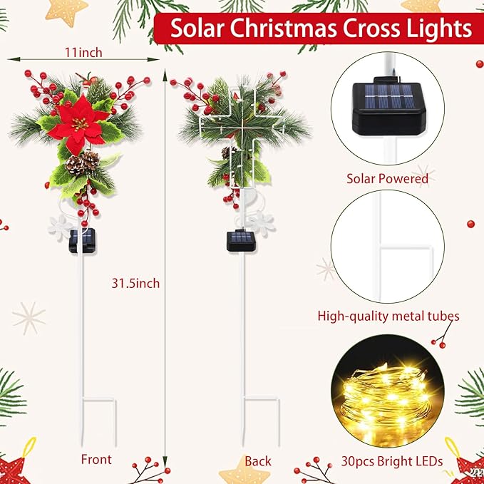 2 Pack Solar Christmas Decorations Outdoor 32 Inch Solar Christmas Cross Stake Lights Waterproof Grave Decorations with Poinsettia Flower Pinecones Red Berries for Garden Yard Patio Lawn Cemetery