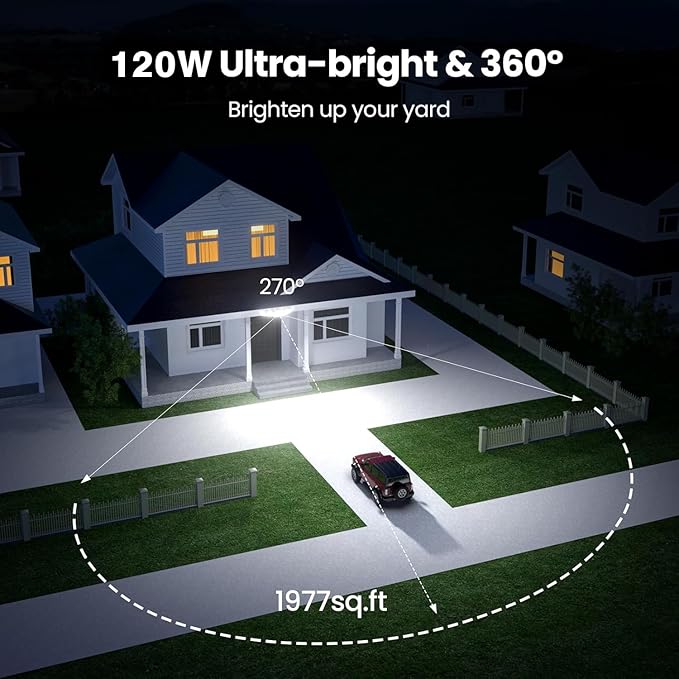 Olafus 120W Plug in Flood Lights Dusk to Dawn LED Outdoor Light with Remote 5 Adjustable Heads IP65 Waterproof LED Security Light with Photocell for Yard Garden Porch White