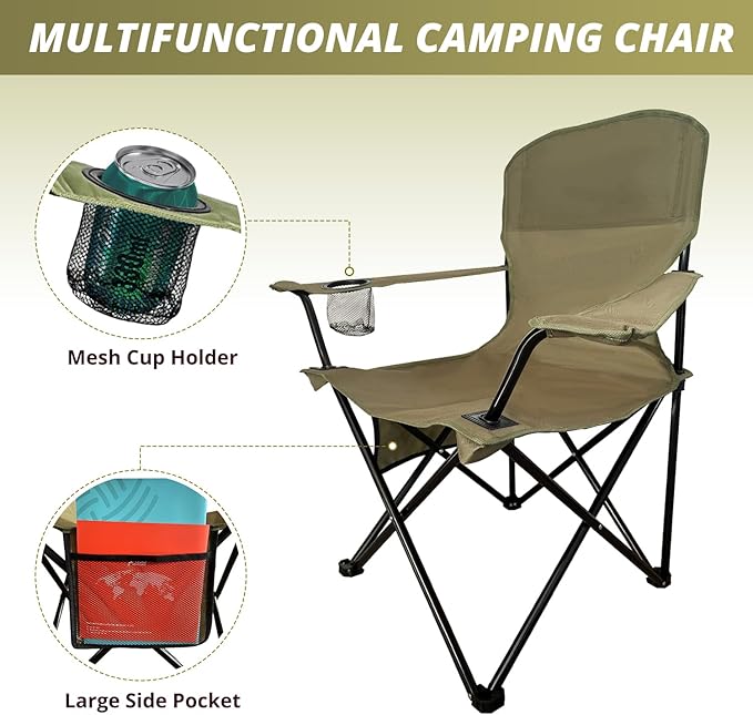 Folding Outdoor Beach Camp Chair with Cup Holder Storage Pocket Waterproof Bag Outdoor Arm Chair Supports 225LBS Green