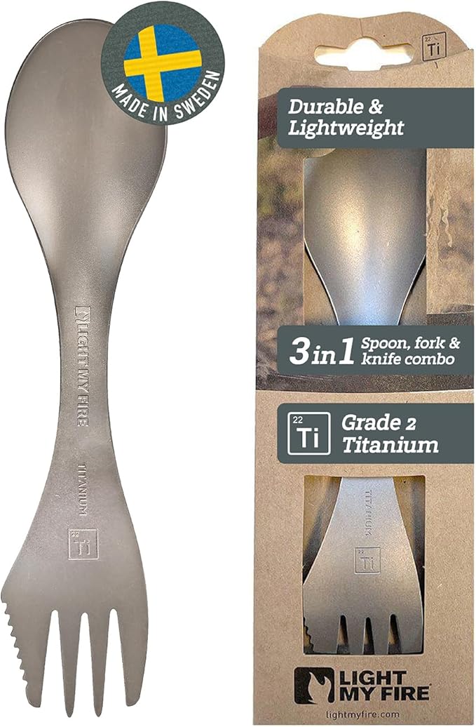 Light My Fire Titanium Spork Camping Spoon Fork Knife Combo Reusable Travel &amp Camping Utensils - Unbreakable Non-Toxic BPA Free Outdoor Backpacking Hiking Picnic Utensil 1 Metal Spork