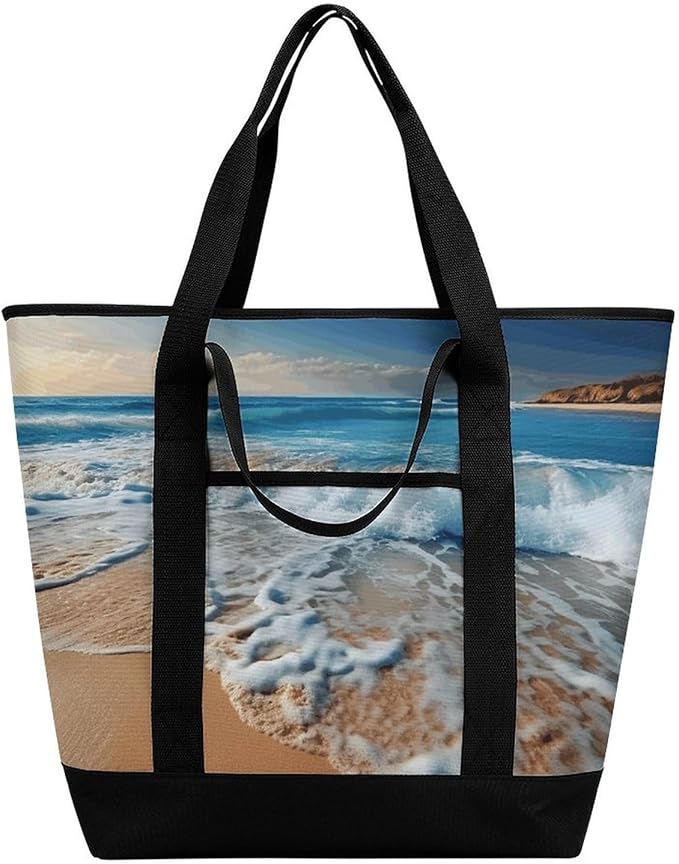 Insulated Shopping BagLarge Reusable Cooler Bags Blue Sea Sandy Beach Printed Foldable Shopping BagTravel Waterproof Shoulder Bag