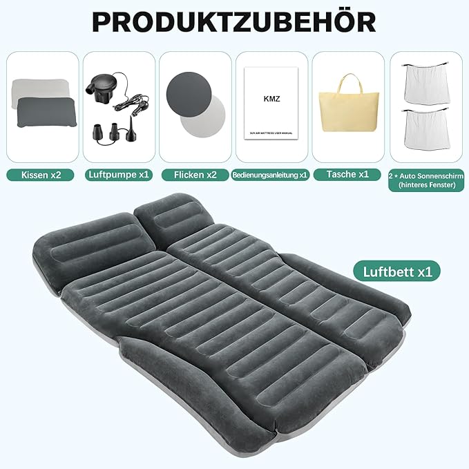 KMZ SUV Air Mattress Double Sided Thickened Flocking Car Bed – Portable Inflatable Mattress Pad for Camping &amp Travel with 2 Pillows &amp Electric Pump (Green+Light Gray)