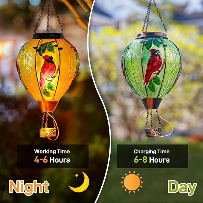 Large Hot Air Balloon Cardinal Solar Lantern Lights with Flame Green Glass Balloon Lantern Waterproof Outdoor Decor for Garden Yard Patio Birthday Mother's Day Gifts for Moms Women