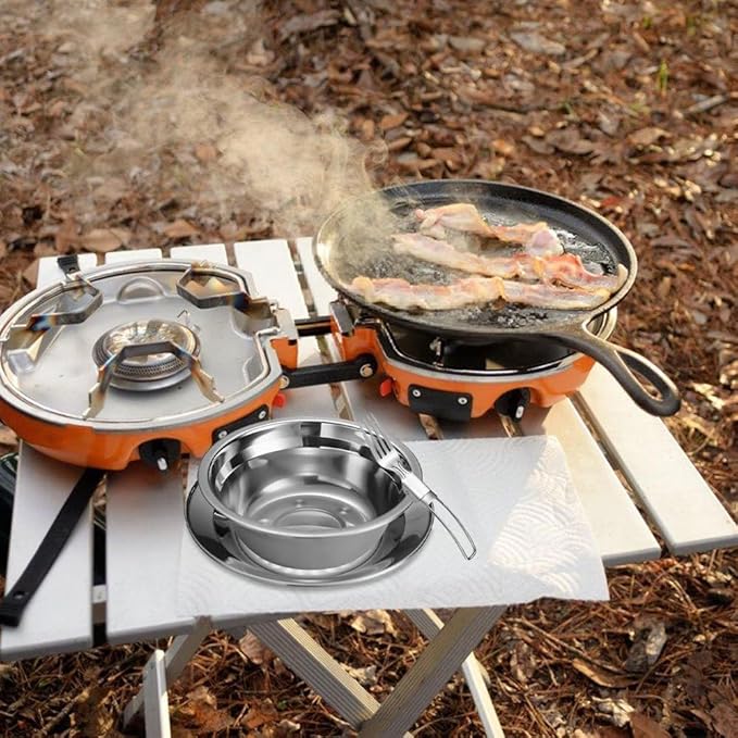 2PCS Camping Mess Kits Stainless Steel Camping Dishes Including Cups Bowls Plates Knives Forks Spoons for 2 Persons Backpacking Hiking Picnic