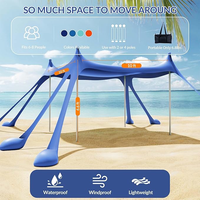 Gardentime Beach Tent Canopy with 8 Sandbags 4 Aluminum Poles Pop Up Portable Camping Sun Shelter Easy Set Up with 2 Sand Shovel Ground Pegs Carrying Bag for Outdoor BeachPicnic Fishing