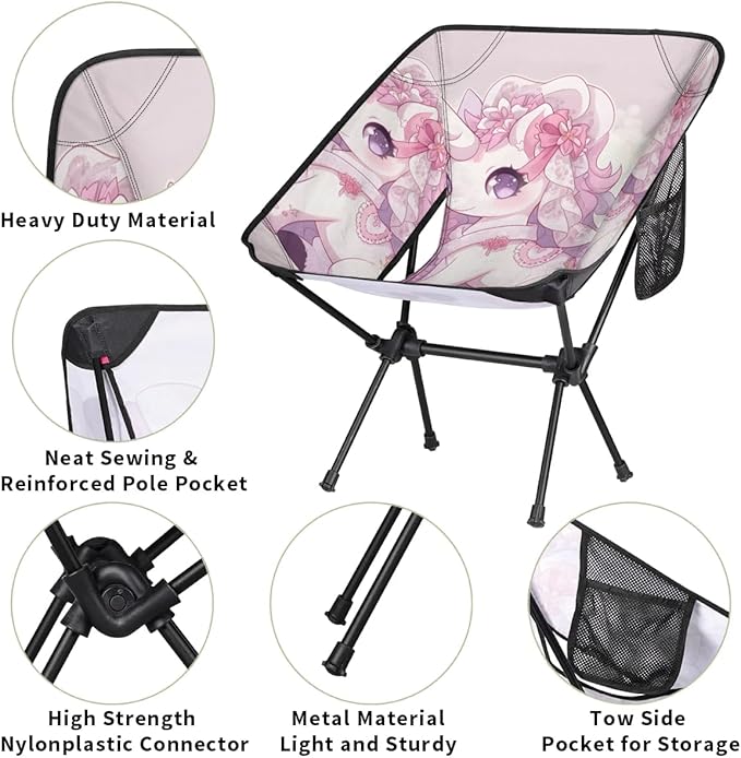 Portable Camping Chair Cartoon Unicorn Ultralight Folding Camping Chair Pink Flowers Backpacking Hiking Chair with Cup Holder for Outdoor Travel Beach Picnic Festival 176 lbs Capacity