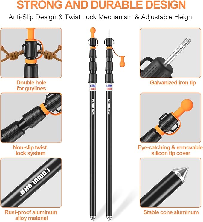 CAMULAND Tent Poles Heavy Duty Tarp Poles Canopy Poles Aluminum Tent Poles with Non-Slip Cone Bottom Adjustable Telescoping Tarp Poles