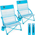 2 Pack Low Beach ChairFolding Recliner Camping Chair for AdultsLightweight Backpacking Low Seat Camping Chairs with Cup HolderCarry Bag for Outdoor Camp Lawn Picnic FestivalBlue Strip