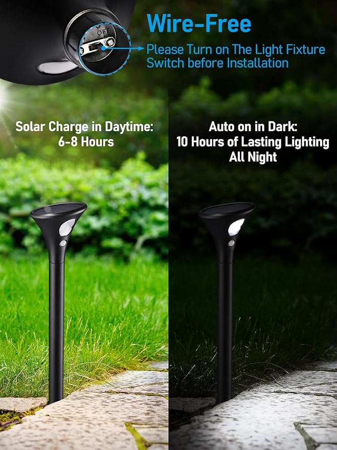 LEONLITE 8-Pack LED Solar Powered Motion Sensor Pathway Lights Battery Powered Outdoor Solar Landscape Lights Walkway Light for Yard Garden Lawn All Night Long Lighting 6500K Pure White