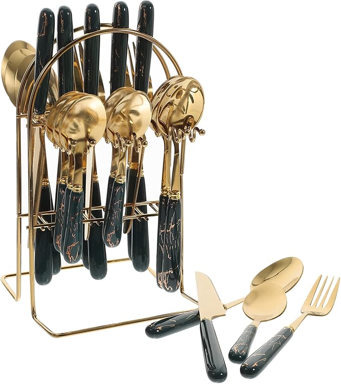 UPKOCH 1set Ceramic Handle Stainless Steel Cutlery Set Forks Spoons Kit with Hanging Stand Ergonomic Design for Home Dining Dishwasher Safe Elegant Finish