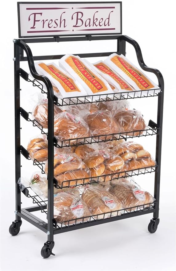 Displays2go Wheeled Metal Rack with Four Tilting Wire Shelves Black (BAKCRT4NBK)
