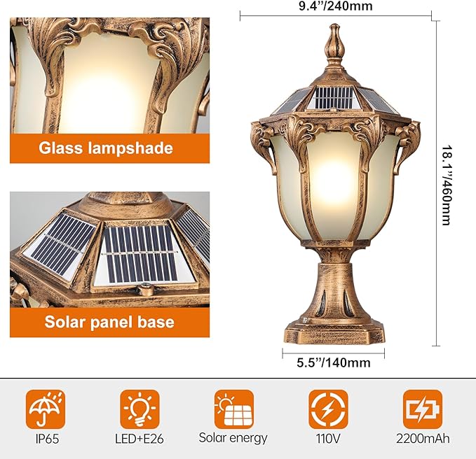 SLAWA 2 Packs Solar Pillar Lamps 18.1In Outdoor Post Caps Light Solar Power Post Lighting Bronze Column Lamps with Glass Waterproof Landscape Lighting Fence Deck Bollard Light Mailbox Yard Path Lamp