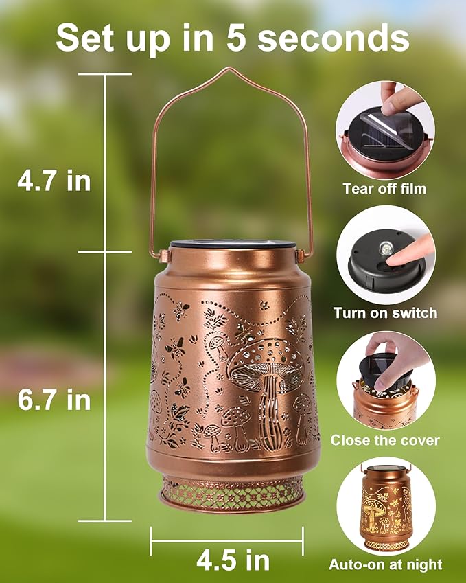 2 Pack Mushroom Solar Lanterns Outdoor Waterproof Garden Decor Birthday Gifts for Women Mom Grandma Sister Metal Hanging Solar Lights Outside Decorative for Backyard Patio Lawn Pathway Landscape