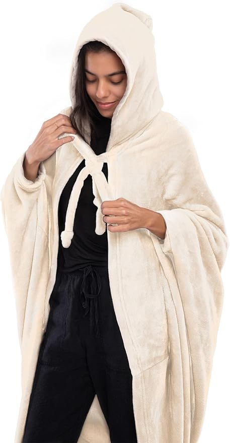 Mintra Home Wearable Blanket Hoodie Soft Warm &amp Cozy Snuggies for Women &amp Men Hooded Blanket with Full Sleeves for Adults One Size Fits All 70in x 62in (Cream)