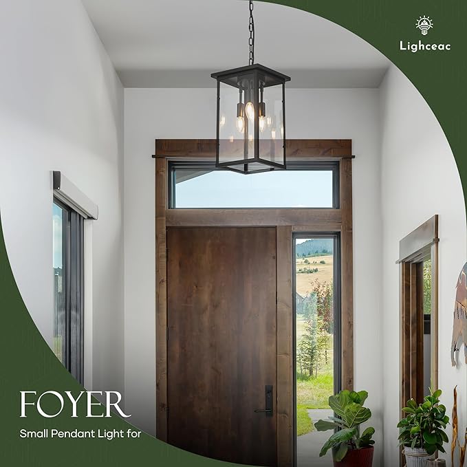 10 Modern 4-Light Exterior Black Square Lantern Pendant Light Fixture with Clear Glass Industrial Hanging Cage Chandelier for Outdoor Porch Kitchen Island Dining Room Hallway Entryway Foyer