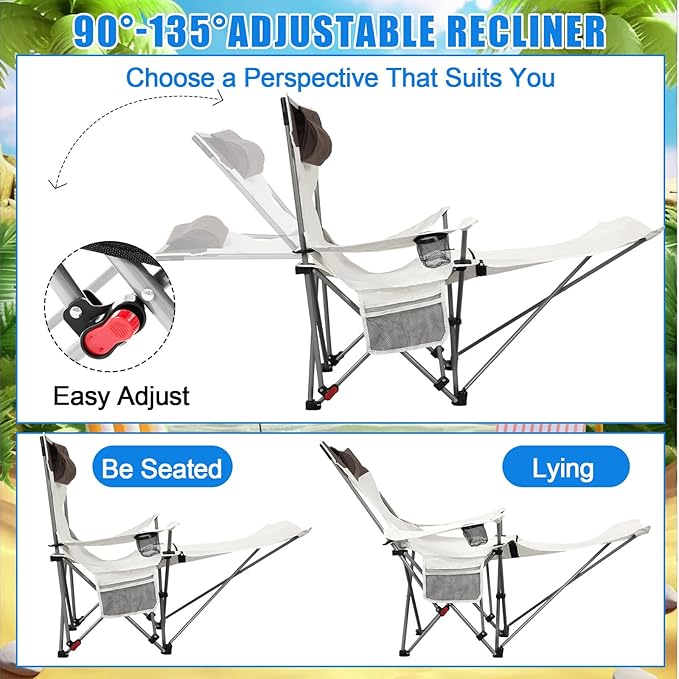 Karenhi 2 Set Beach Camping Chair with Umbrella for Adult Folding Reclining Camping Chair with Foot Rest Adjustable Clamp Canopy Shade for Outdoor Patio Travel Beach (Beige)