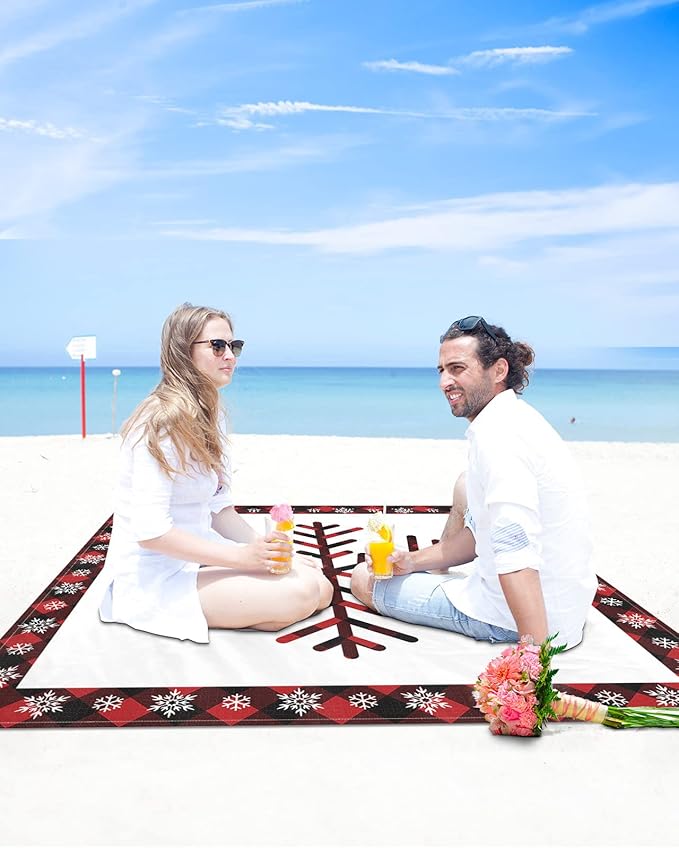 Beach Blanket Waterproof Sandproof Winter Snowflake Christmas Snow Red Buffalo Plaid Quick Drying Beach Mat with 4 Stakes Black Grid White Back Lightweight Picnic Blanket for Travel Camping 83x79