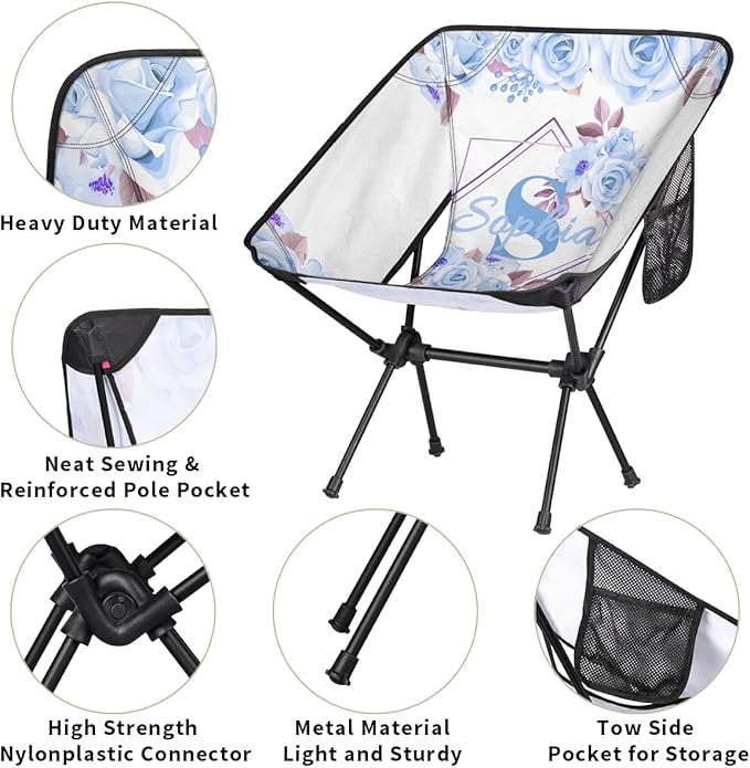 Camping Chair Personalized Backpacking Chair Lightweight Portable Folding Customized Name Chairs for Beach Sport Hiking (Light Blue)