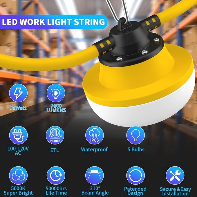 New Upgrade 50FT Construction String Lights LED Industrial Grade Best for Construction SitesRenovation WalkwaysPatioMine caveOutdoor Lighting Solutions UseFree for Climbing Hook 2Prong