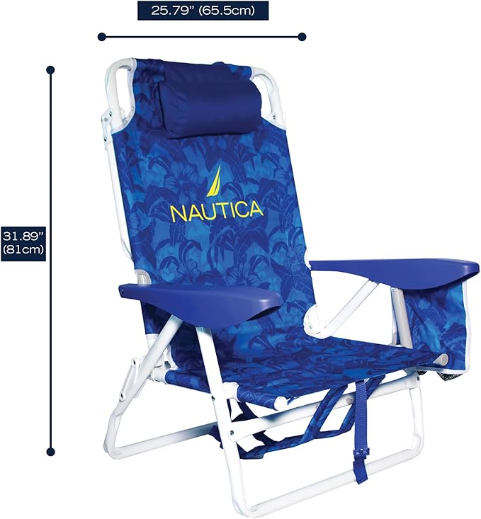 Nautica - Beach Chair Five Position Backpack Chair Portable &amp Adjustable with Padded Pillow and Cup Holders (Hibiscus Jungle)