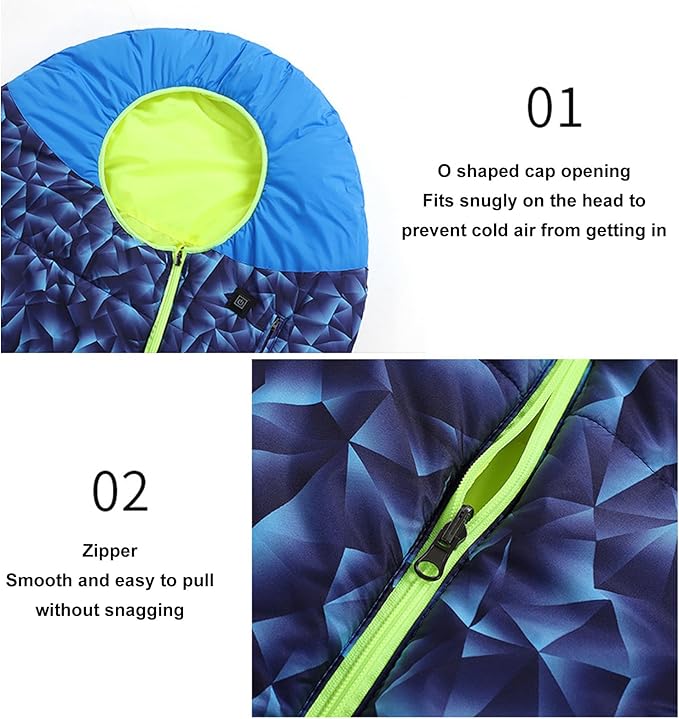 Outdoor Heated Sleeping Bag | USB Powered 5V 2A with 3 Temperature Levels | Outdoor Blue for Camping/Hiking/Travel | Lightweight &amp Portable 1191g