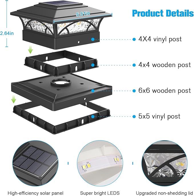 Solar Post Cap Lights Outdoor 6pack - Black Deck Fence Post Lights Solar Powered with 16LEDS 2 Lighting Modes 4x4/5x5/6x6 Waterproof Fence Post Lights for Garden Patio Porch Backyard