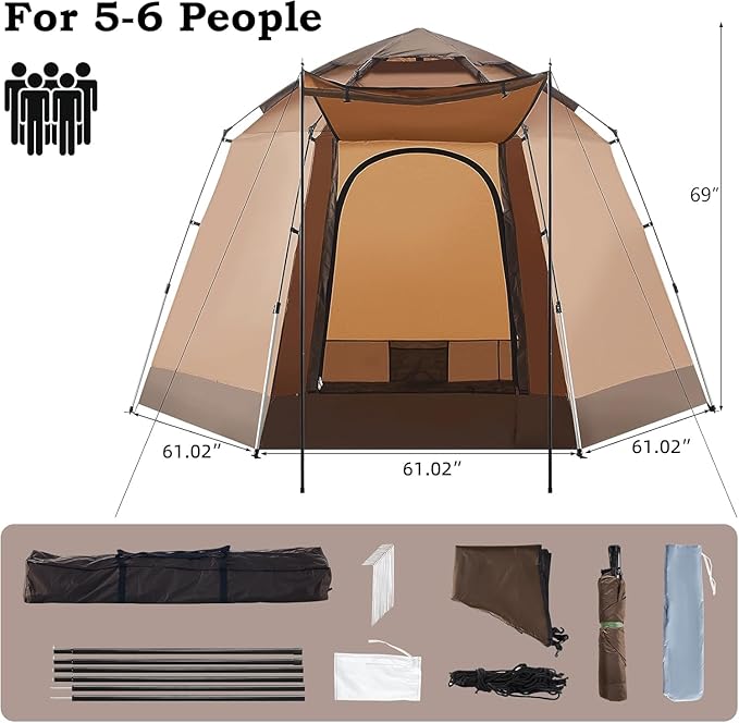 Tents for Camping 3/4 Person Portable Large Pop Up Tent Outdoor Camping Tent PU Weatherproof Tent with Easy 60 Second for Camping Festivals Backyard Sleepovers &amp More(Brown)