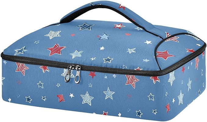 Casserole Carrier Red Blue Stripes StarsInsulated Casserole Carrier for Hot or Cold Food Thermal Lunch Tote for Potluck Parties Picnic Beach Fits 9 x 13 Inches Baking Dish