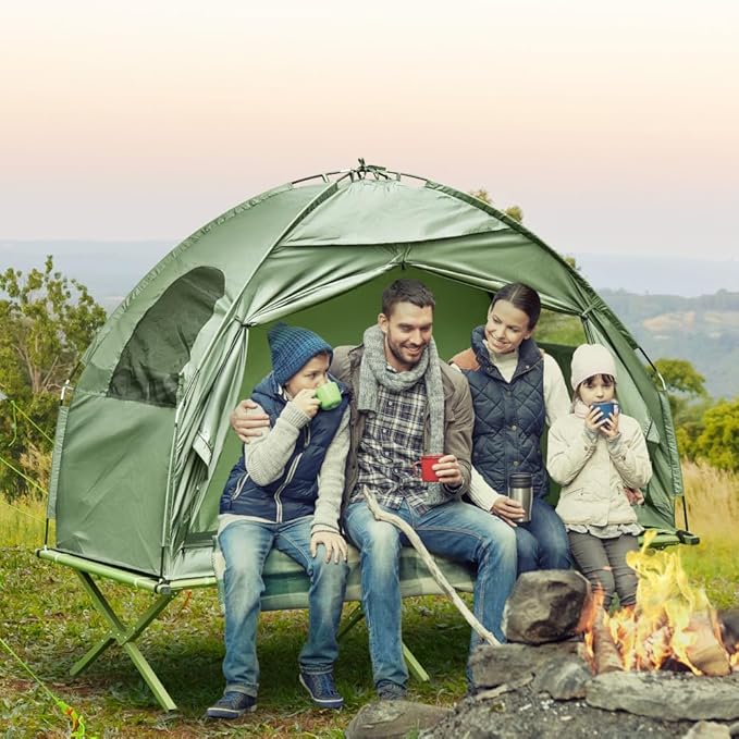 Single Person Elevated Camping Tent Cot Combo: Off-Ground Folding Cot with Attached Weather-Resistant Shelter &amp Carry Bag for Backpacking Hiking and Outdoor Adventures